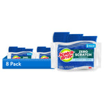 Packaged Scotch-Brite Zero Scratch scrub sponge packs displayed with an 8 pack ribbon and blue sponges visible