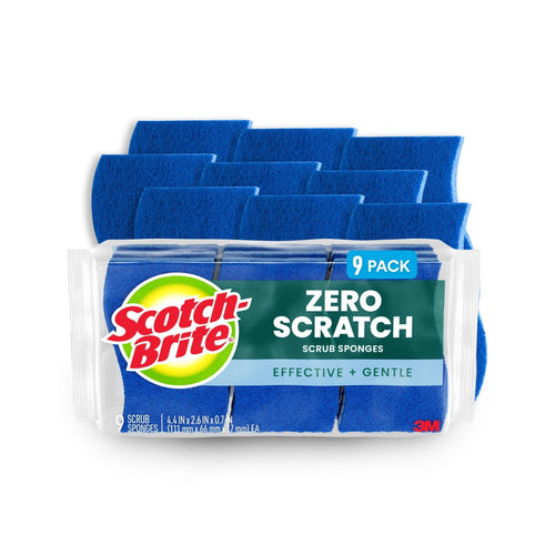 Packaged Scotch-Brite Zero Scratch blue scrub sponges in clear plastic package with visible logo and 9-pack label