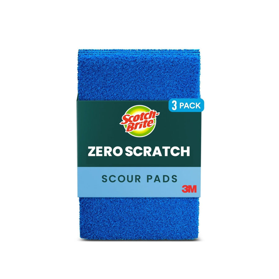 Close-up product shot of a blue Scotch-Brite Zero Scratch scour pad with branded sleeve and 3-pack callout