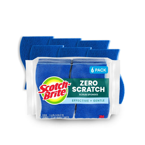 Package of Scotch-Brite Zero Scratch blue scrub sponges with visible logo and 6-pack label