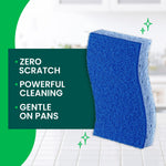 Single blue Scotch-Brite sponge shown upright next to a text panel listing ‘Zero Scratch’ and cleaning benefits