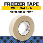 Single roll of Scotch Freezer Tape with text callouts showing width 3/4 inch and holds to -40°F above a decorative argyle strip.
