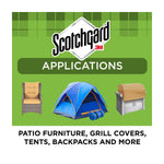 Scotchgard applications panel showing icons of a patio chair, tent and grill cover with application text