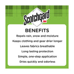 Scotchgard branded benefits panel listing repels rain, keeps gear drier, breathable fabric and quick drying