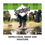 Person walking through a puddle wearing boots, overlaid with Scotchgard logo and repels rain message