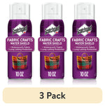Three purple cans of Scotchgard Fabric Crafts Water Shield displayed side by side with a woven bag image on each can.