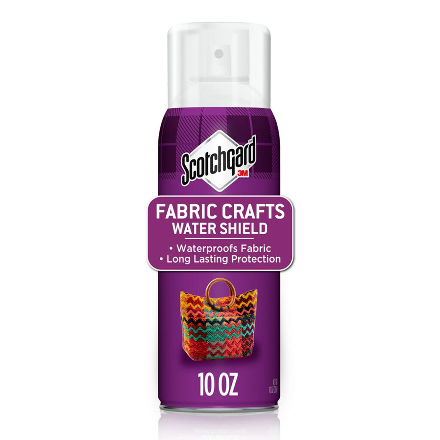 Single purple can of Scotchgard Fabric Crafts Water Shield with clear cap and label showing a colorful woven bag.