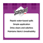 Scotchgard logo above text bullets describing product benefits: repels water-based spills, simple application, odorless.