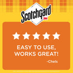 Orange panel with five white stars and customer quote 'Easy to use, works great!' beneath Scotchgard logo
