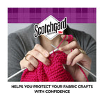 Close-up lifestyle image of hands knitting with pink yarn and the Scotchgard logo above, promoting fabric craft protection.
