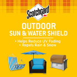 Bold yellow product graphic with Scotchgard logo and headline 'Outdoor Sun & Water Shield' and outdoor furniture icons