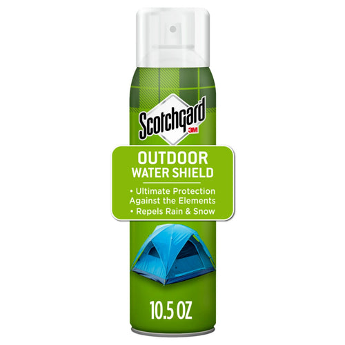 Tall green aerosol can of Scotchgard Outdoor Water Shield with tent graphic and 10.5 oz label