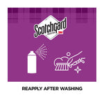 Purple Scotchgard graphic showing spray icon and hand-scrubbing icon with text advising to reapply after washing.