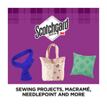 Scotchgard branding above images of craft items (scarf, tote, pillow) with text promoting sewing and needlepoint projects.