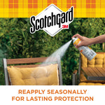 Hand spraying a Scotchgard can onto a yellow outdoor seat cushion with logo and guidance to reapply seasonally