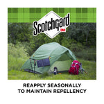 Outdoor campsite scene showing a green tent and backpack with Scotchgard logo and seasonal reapply text