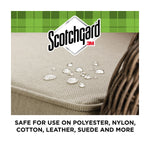 Close-up of water beading on a beige outdoor cushion with Scotchgard logo and fabric compatibility text