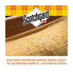 Close-up of fabric with water beading to illustrate repellency, Scotchgard logo and claim about water repellency