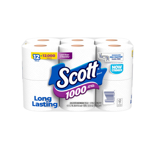 Pack of Scott 1000 unscented one-ply toilet paper showing brand logo and 'Long Lasting' on wrap