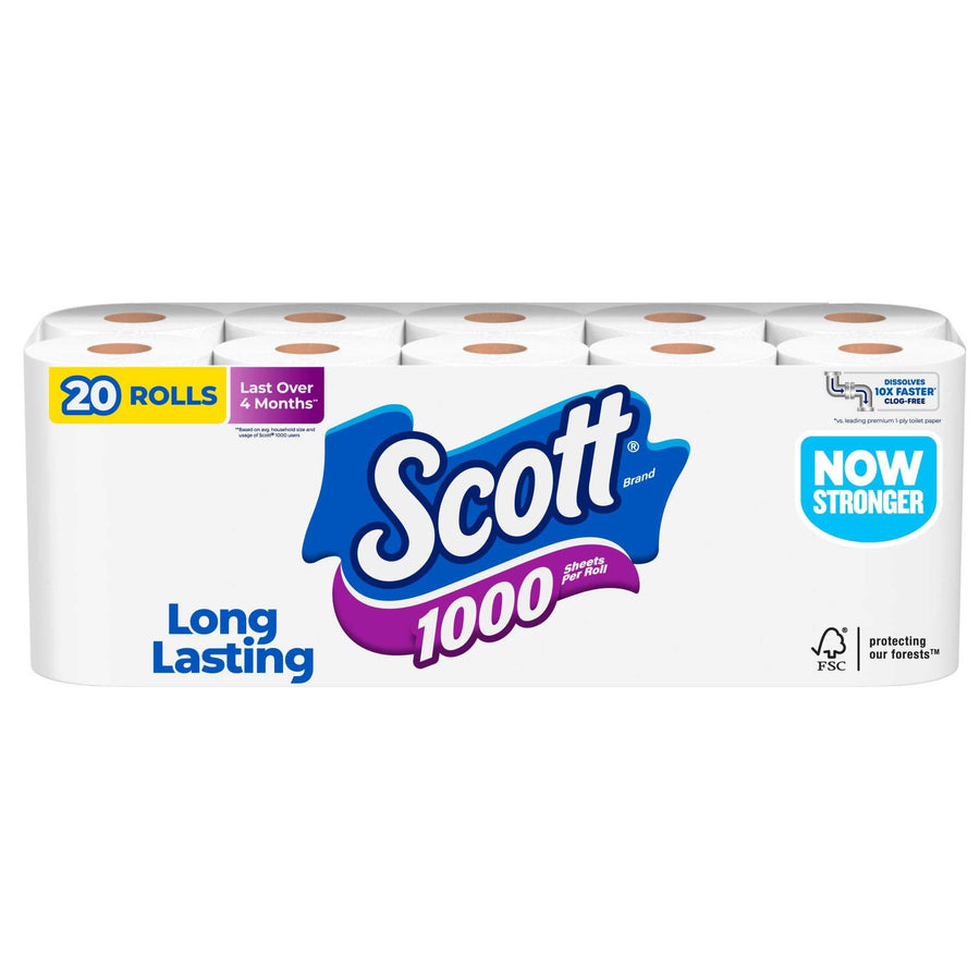 Packaged Scott 1000 toilet paper 20-roll pack with Scott logo and long lasting branding on white background