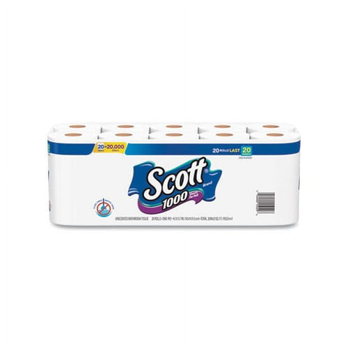 Packaged Scott 1000 toilet paper showing top view of 20 white rolls in printed plastic wrap with Scott logo