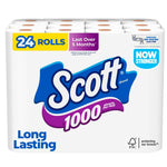 Packaged Scott 1000 toilet paper 24-roll pack showing Scott logo, 1000 badge and long lasting callouts
