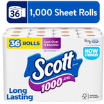 Packaged Scott 1000 long lasting toilet paper pack with 36 rolls and brand logo