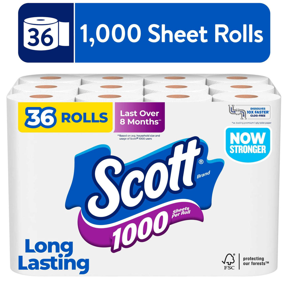 Packaged Scott 1000 long lasting toilet paper pack with 36 rolls and brand logo