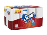 Angled view of Scott 12-pack paper towels in red packaging showing Scott logo and 12 = 22 callout