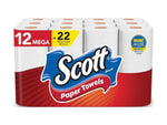 Twelve-pack of Scott paper towels in red packaging with Scott logo and 12 mega = 22 regular rolls callout