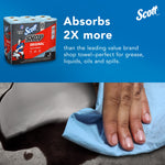 Scott Shop Towels pack at top with promotional text ‘Absorbs 2X more’ and hand wiping a surface with a blue towel