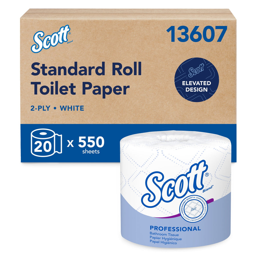 Scott branded cardboard case and a single Scott Professional toilet paper roll shown in front with product name and pack graphic.