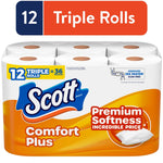 Packaged Scott Comfort Plus toilet paper showing six visible rolls with orange branding and 'Premium Softness' badge.
