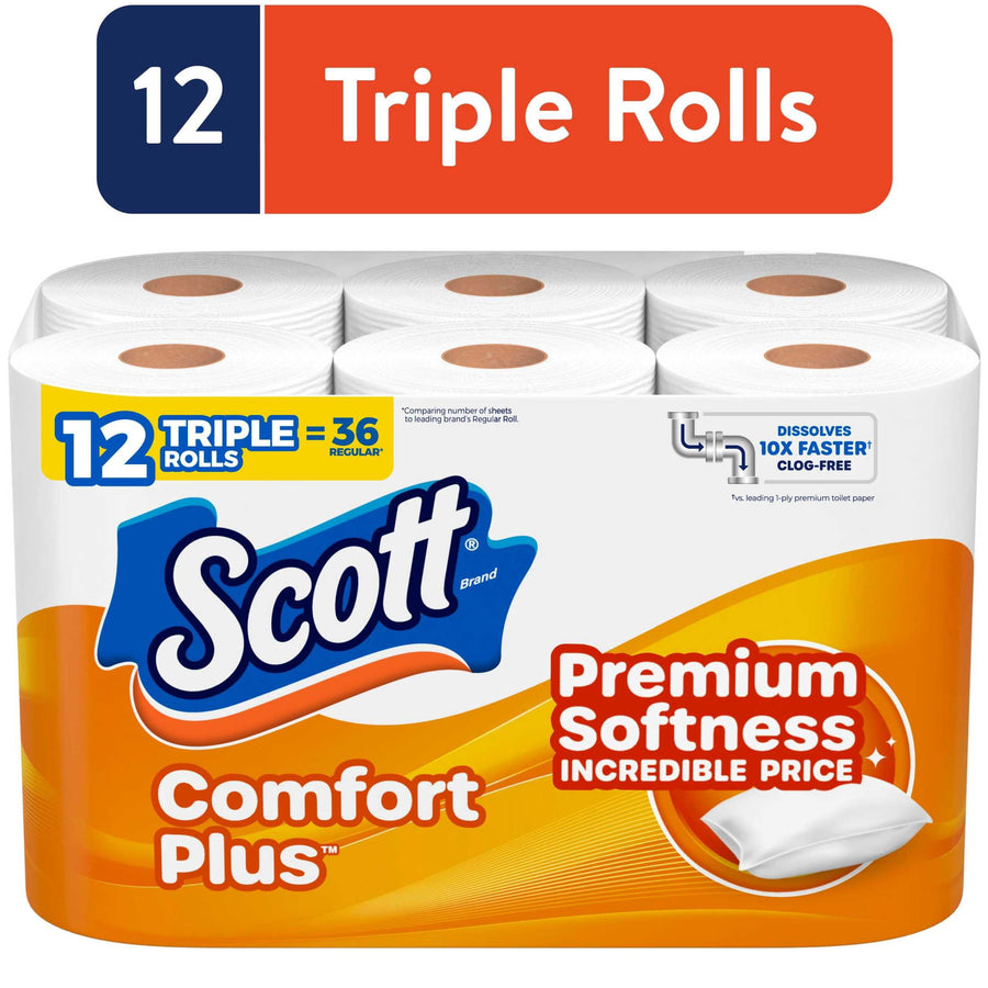 Packaged Scott Comfort Plus toilet paper showing six visible rolls with orange branding and 'Premium Softness' badge.