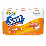 front view of scott comfort plus toilet paper pack labeled 12 = 24 double rolls, orange and white packaging with visible rolls on top