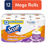 Packaged Scott ComfortPlus toilet paper 12 mega rolls with lavender imagery and branded label