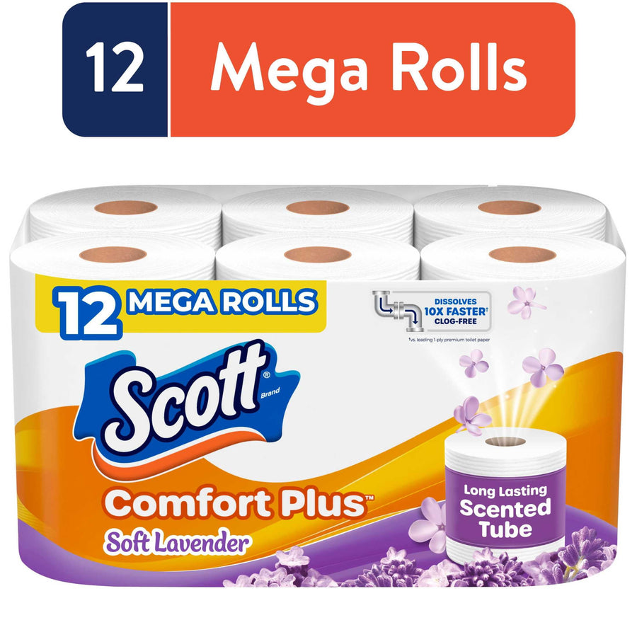 Packaged Scott ComfortPlus toilet paper 12 mega rolls with lavender imagery and branded label