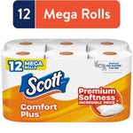 Pack of Scott ComfortPlus toilet paper showing 12 mega rolls in branded orange-and-white packaging