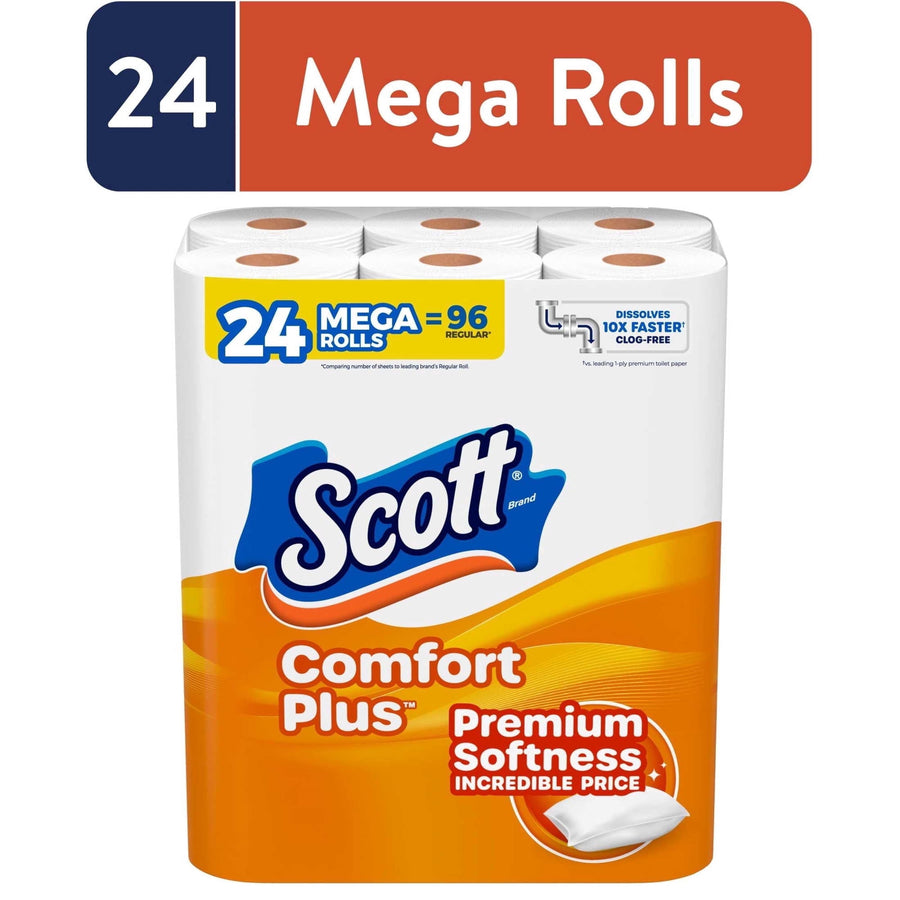 Scott ComfortPlus packaged toilet paper showing 24 Mega Rolls branding with orange and white wrapper and Scott logo