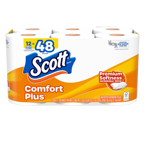 Front-facing Scott ComfortPlus 12 mega rolls package showing brand logo, orange wave design, and 'Premium Softness' callout