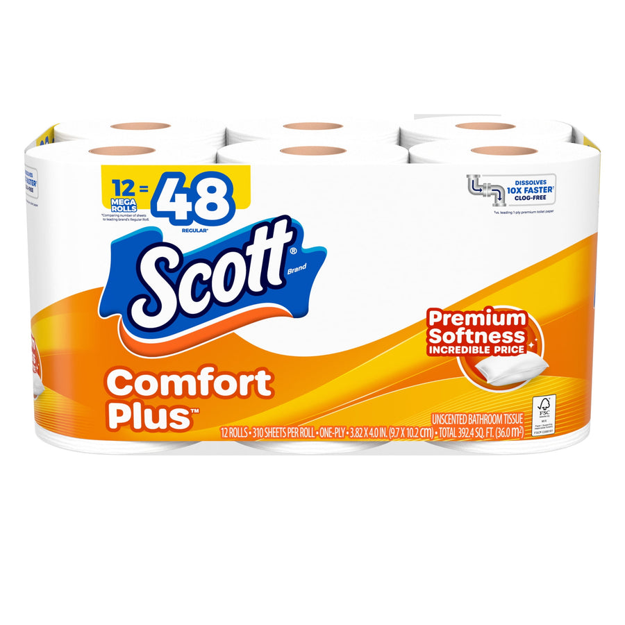 Front-facing Scott ComfortPlus 12 mega rolls package showing brand logo, orange wave design, and 'Premium Softness' callout