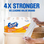 Scott ComfortPlus package on a small table with hands stretching a sheet to show strength and texture