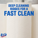 Stacked Scott paper towel rolls showing wavy ridged texture with headline deep cleaning ridges for a fast clean