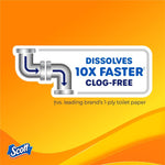 Plumbing icon with text stating ‘Dissolves 10x Faster Clog-Free’ on an orange background with Scott logo