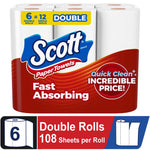 Pack of Scott paper towels in red packaging labeled Fast Absorbing with visible rolls and double-roll callout