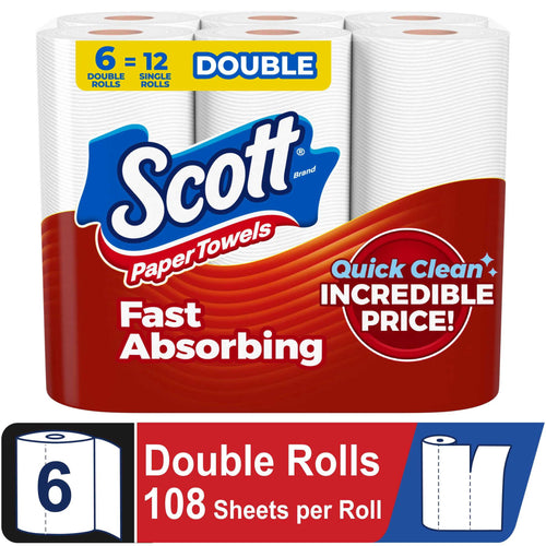 Pack of Scott paper towels in red packaging labeled Fast Absorbing with visible rolls and double-roll callout