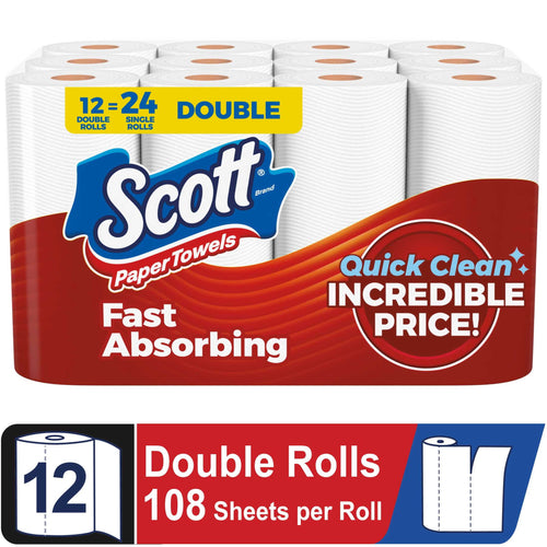 Packaged Scott paper towels multipack with blue Scott logo and red fast absorbing label on white rolls