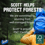 Outdoor forest scene with person in rain jacket and text about Scott helping protect forests and FSC certification