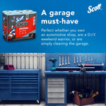 Scott Shop Towels pack shown above a garage workbench scene with headline ‘A garage must-have’ on blue background
