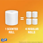 Graphic comparing one scented Scott mega roll to four regular rolls on orange background with brand logo